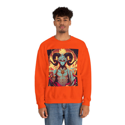 Unisex Heavy Blend™ Crewneck Sweatshirt, Anime Fire Aries, Zodiac Design