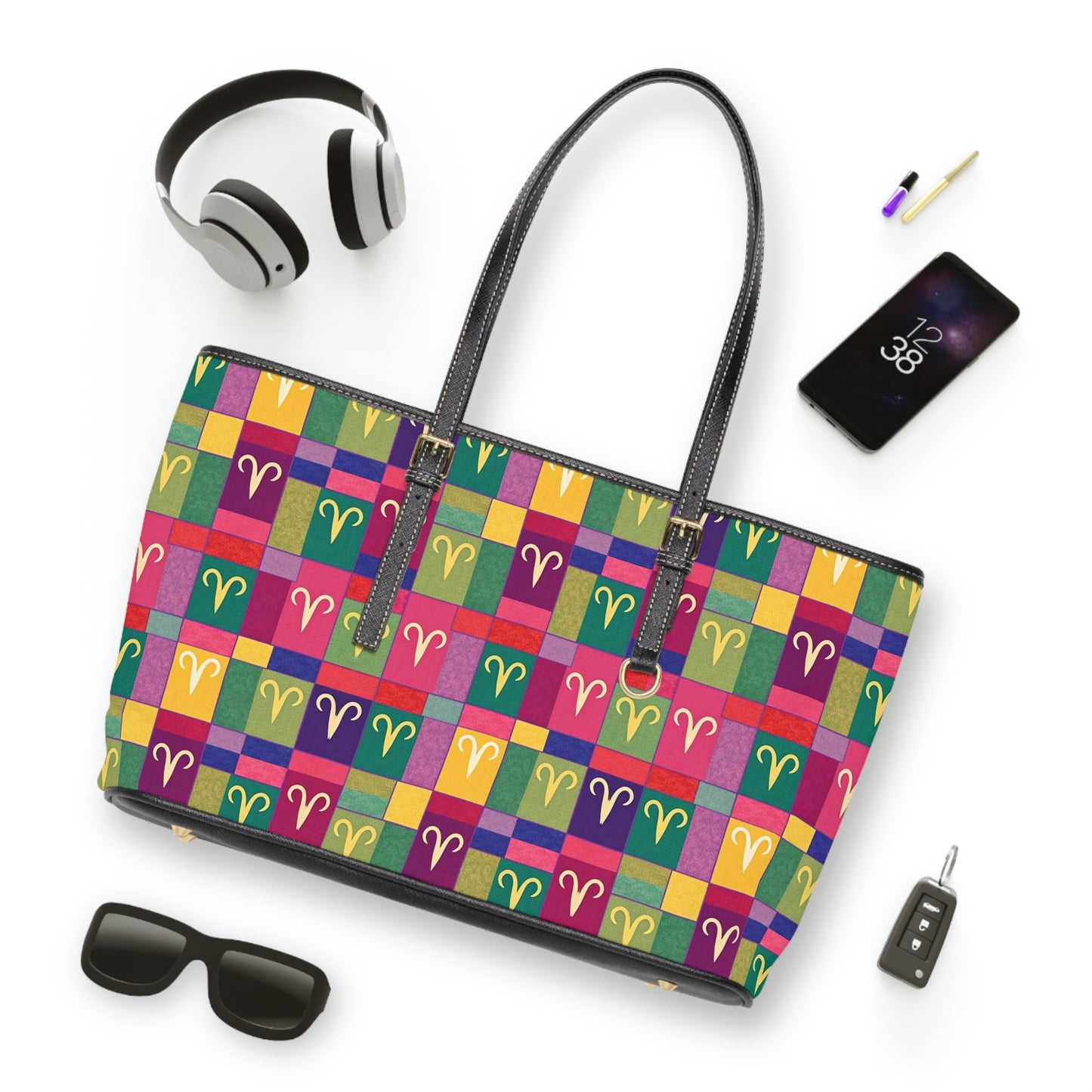 Leather Shoulder Bag, Aries, Zodiac v3, Shapes Pattern