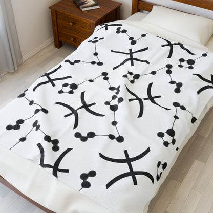 Velveteen Plush Blanket, Pisces Zodiac Sign, Constellation & Symbol, White, 100% polyester