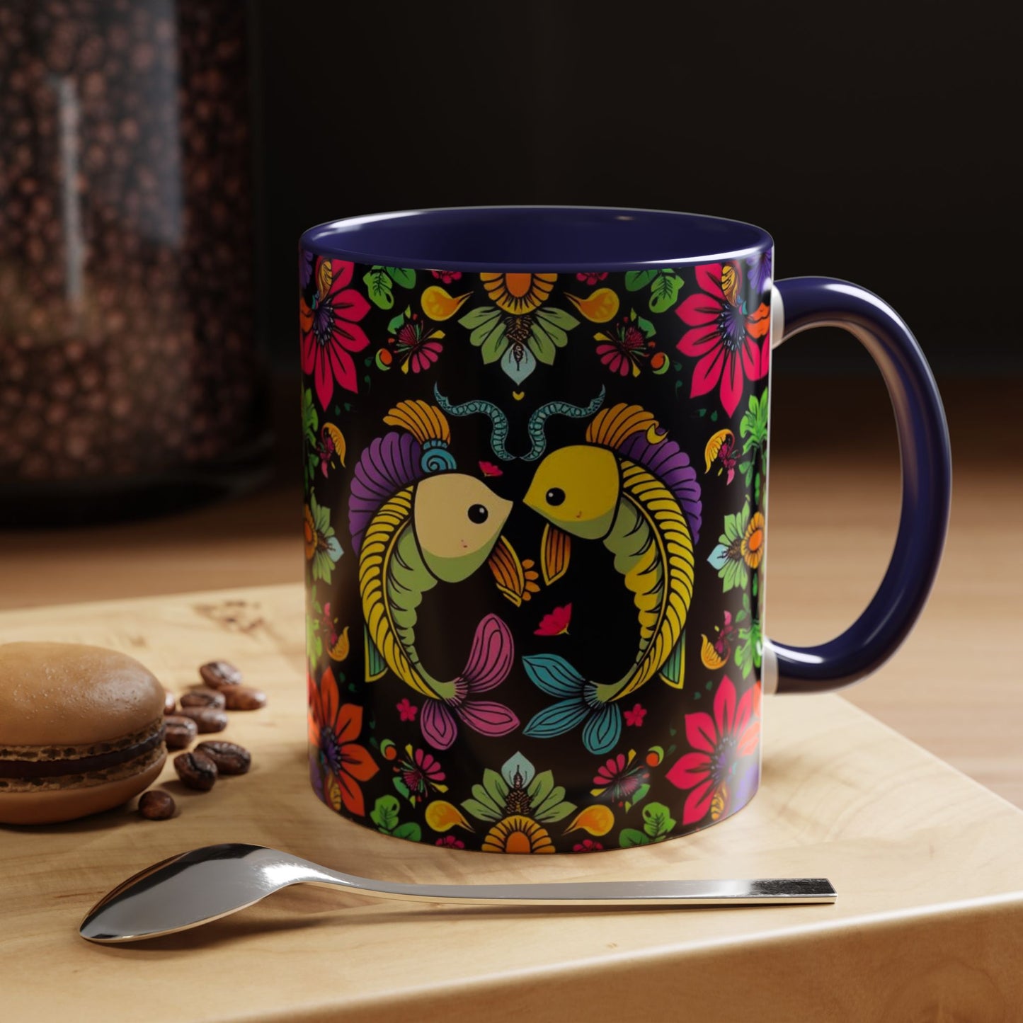 Accent Coffee Mug, Pisces, Zodiac v3, Flower Pattern, (11, 15oz)