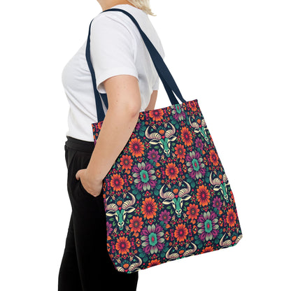 Tote Bag, (AOP), Taurus, Zodiac, Flower Pattern