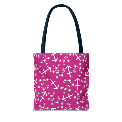 Tote Bag, Sagittarius Zodiac Sign, AOP, (Pink, White Print)