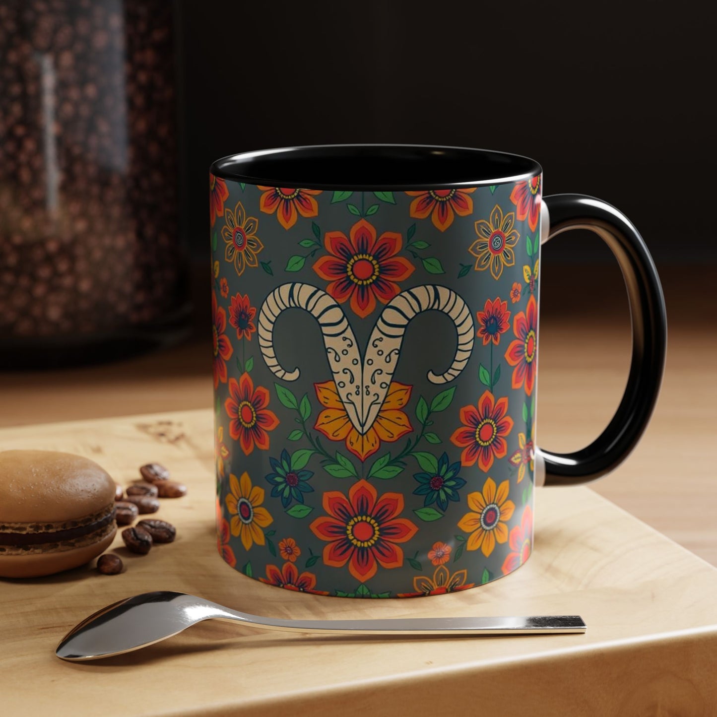 Accent Coffee Mug, Aries, Zodiac v4, Flower Pattern, (11, 15oz)