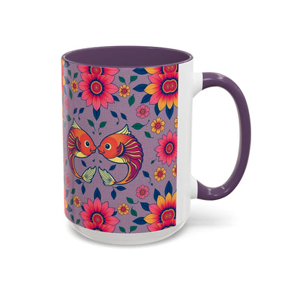Accent Coffee Mug, Pisces, Zodiac v2, Flower Pattern, (11, 15oz)