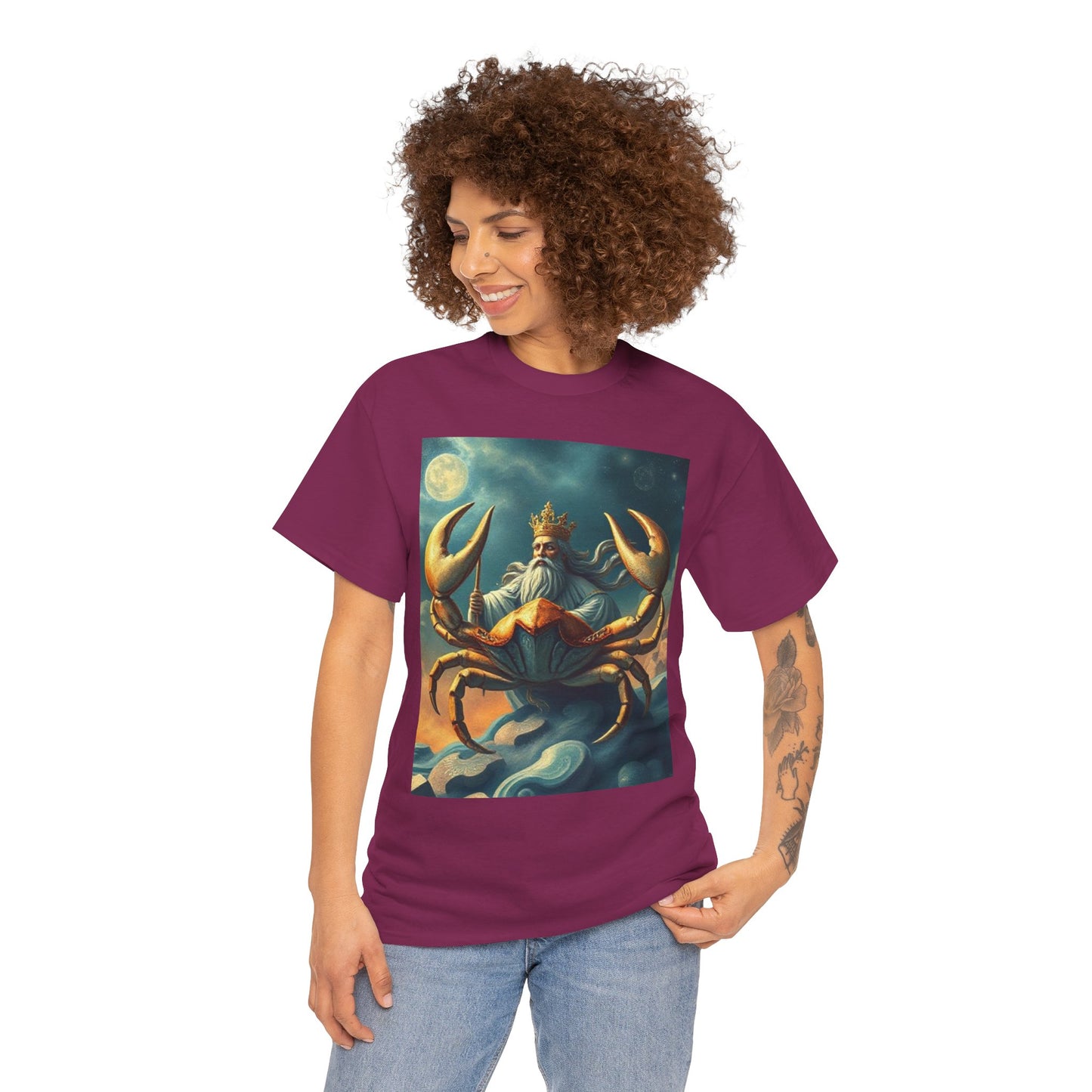 Unisex Heavy Cotton T-Shirt, Crustacean King, Cancer Zodiac Design