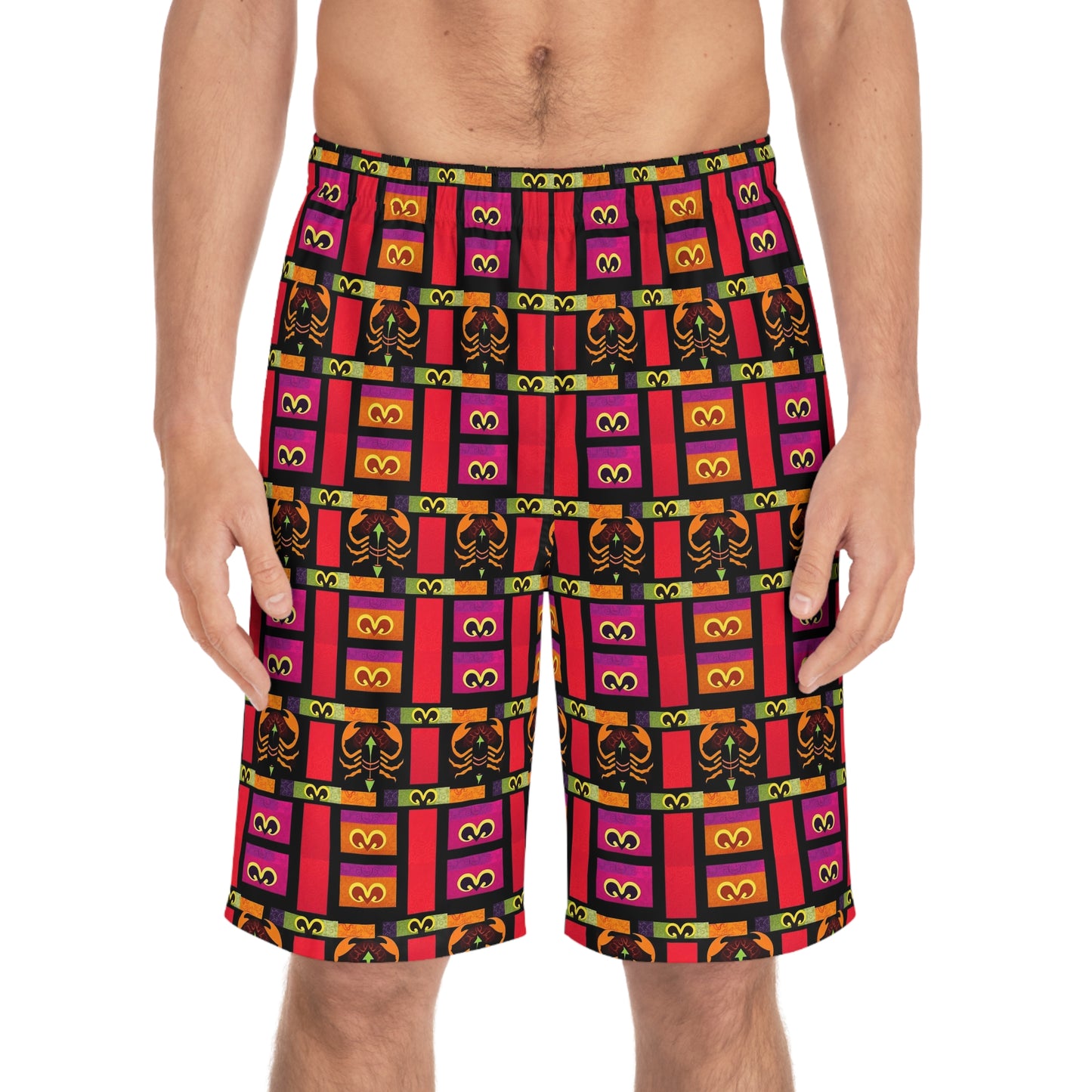 Men's Board Shorts, (AOP), Scorpio, Zodiac v2, Shape Pattern