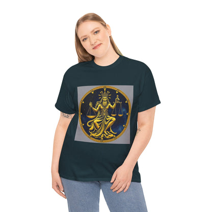 Unisex Heavy Cotton T-Shirt, Gold Libra God, Zodiac Design