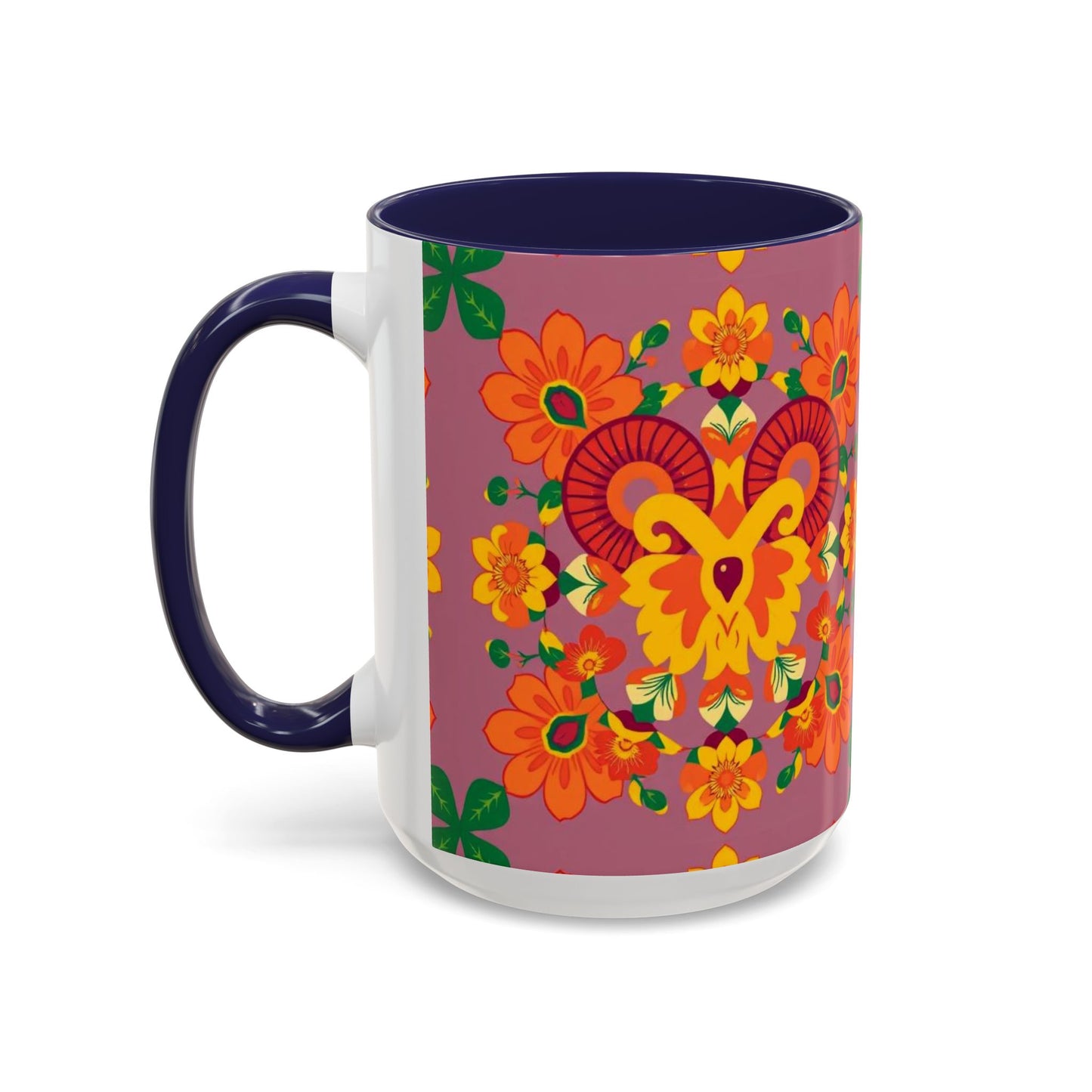 Accent Coffee Mug, Aries, Zodiac v1, Flower Pattern, (11, 15oz)