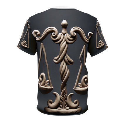 Unisex Cut & Sew T-Shirt (AOP), Bronze Scale, Libra Zodiac Design, Regular fit, 100% Polyester