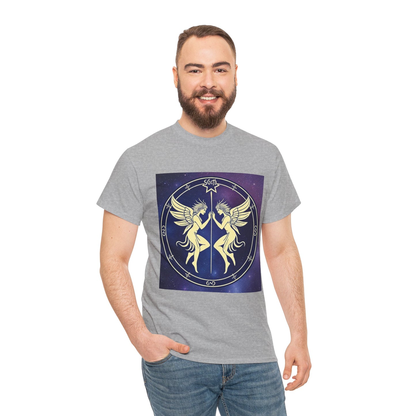 Unisex Heavy Cotton T-Shirt, Space Angel Twins, Gemini Zodiac Design