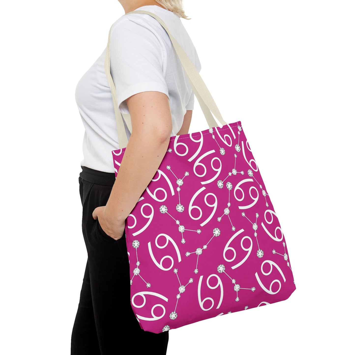 Tote Bag, Cancer Zodiac Sign, AOP, (Pink, White)