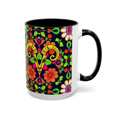 Accent Coffee Mug, Aries, Zodiac v2, Flower Pattern, (11, 15oz)