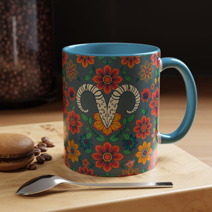 Accent Coffee Mug, Aries, Zodiac v4, Flower Pattern, (11, 15oz)