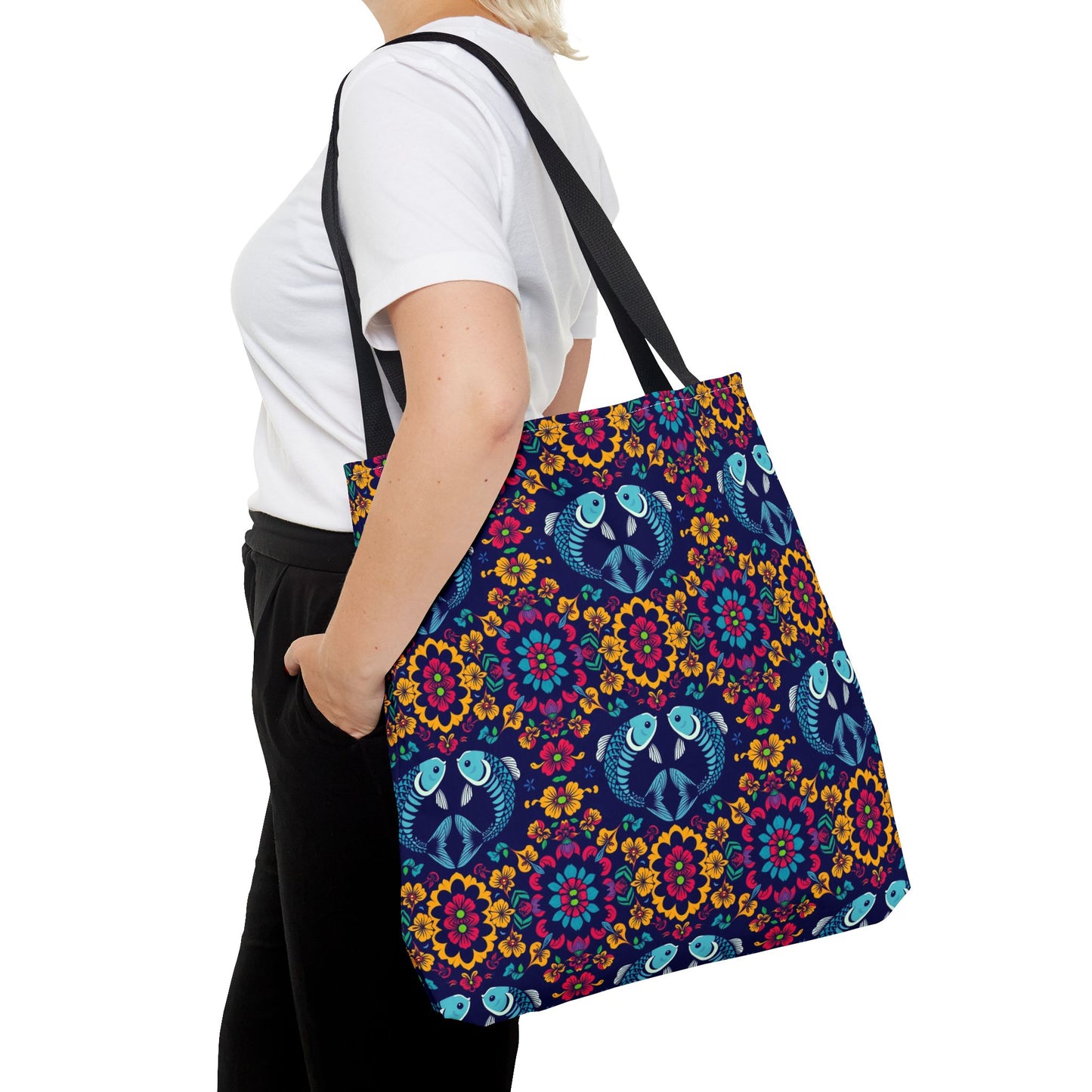 Tote Bag, (AOP), Pisces, Zodiac v3, Flower Pattern