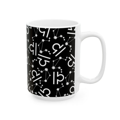 Ceramic Mug, (11oz, 15oz), Ceramic Coffee Mug, Black AOP, Libra Zodiac Design