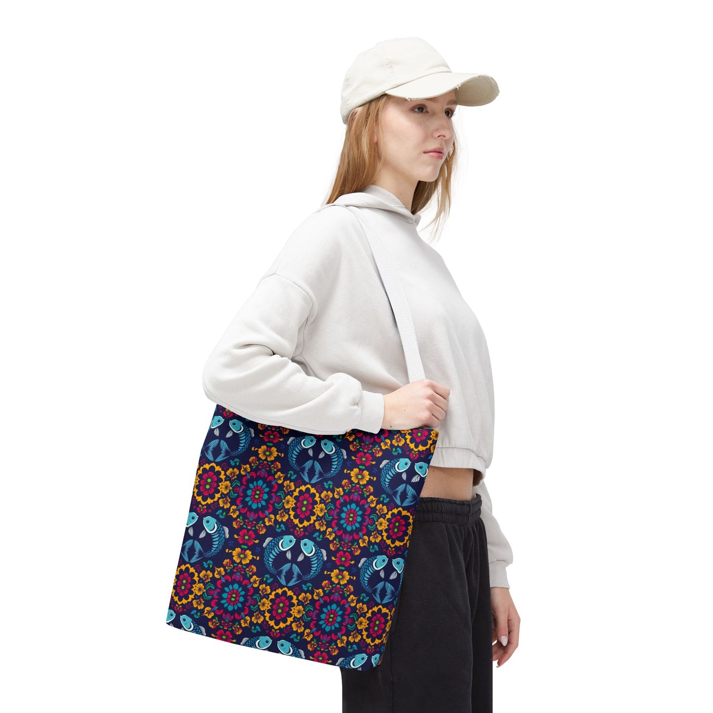 Tote Bag, (AOP), Pisces, Zodiac v3, Flower Pattern