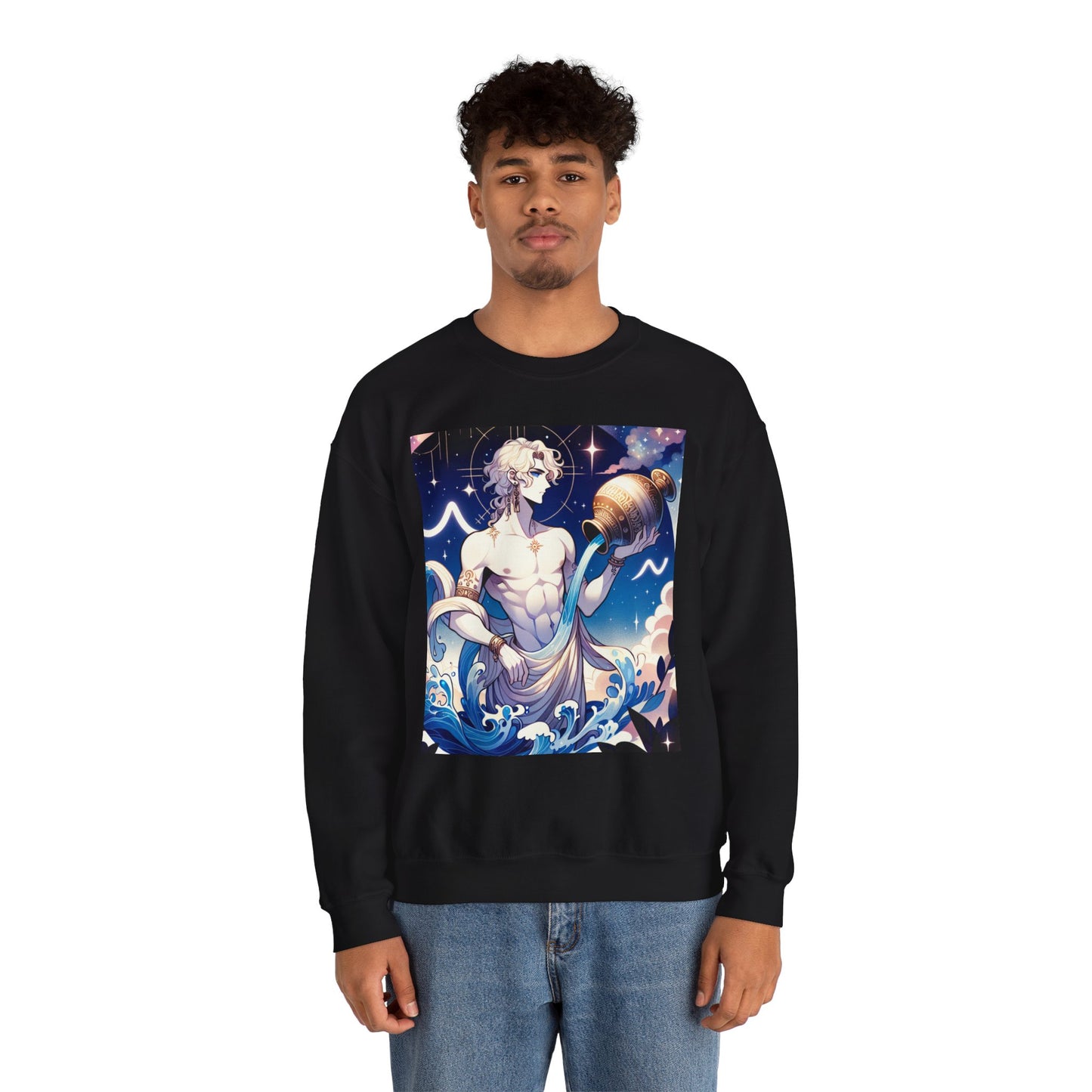 Unisex Heavy Blend™ Crewneck Sweatshirt, Anime Aqua God, Aquarius Zodiac Design