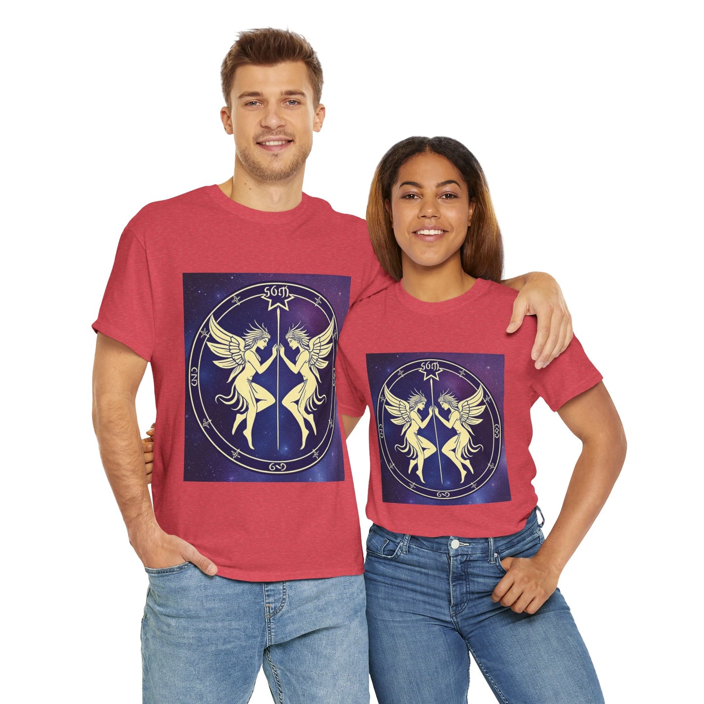 Unisex Heavy Cotton T-Shirt, Space Angel Twins, Gemini Zodiac Design