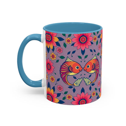 Accent Coffee Mug, Pisces, Zodiac v2, Flower Pattern, (11, 15oz)