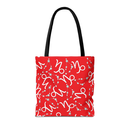 Tote Bag, Capricorn Zodiac Sign, AOP, (Red, White)