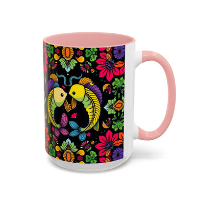 Accent Coffee Mug, Pisces, Zodiac v3, Flower Pattern, (11, 15oz)