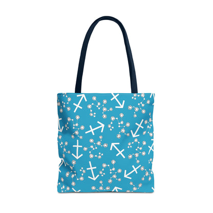 Tote Bag, Sagittarius Zodiac Sign, AOP, (Turquoise, White Print)