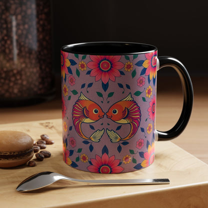 Accent Coffee Mug, Pisces, Zodiac v2, Flower Pattern, (11, 15oz)
