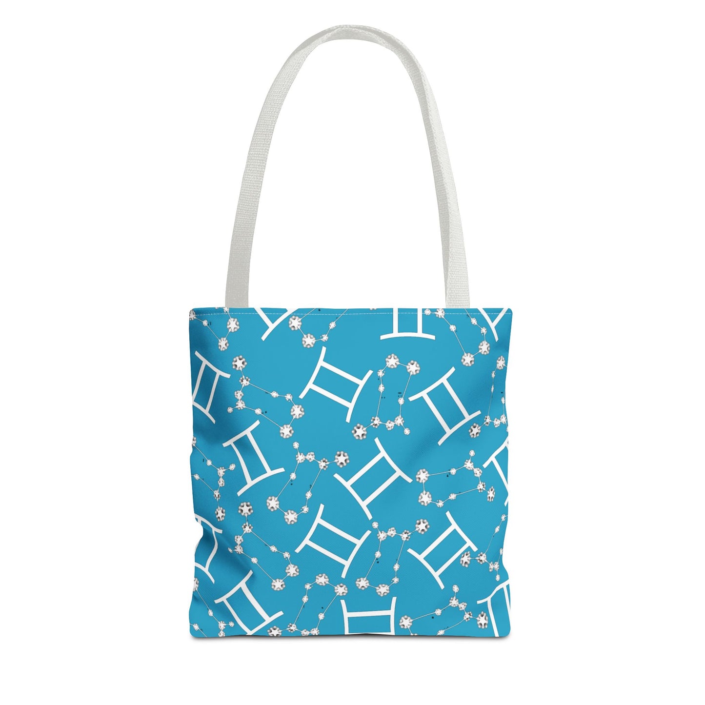 Tote Bag, Gemini Zodiac Sign, AOP, (Turquoise, White Print)