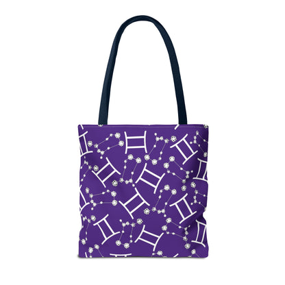 Tote Bag, Gemini Zodiac Sign, AOP, (Purple, White Print)