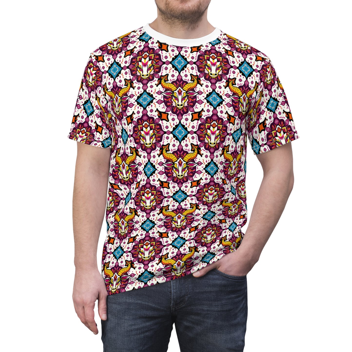 Unisex Cut & Sew T-Shirt, (AOP), Taurus, Zodiac v1, Jewels Pattern