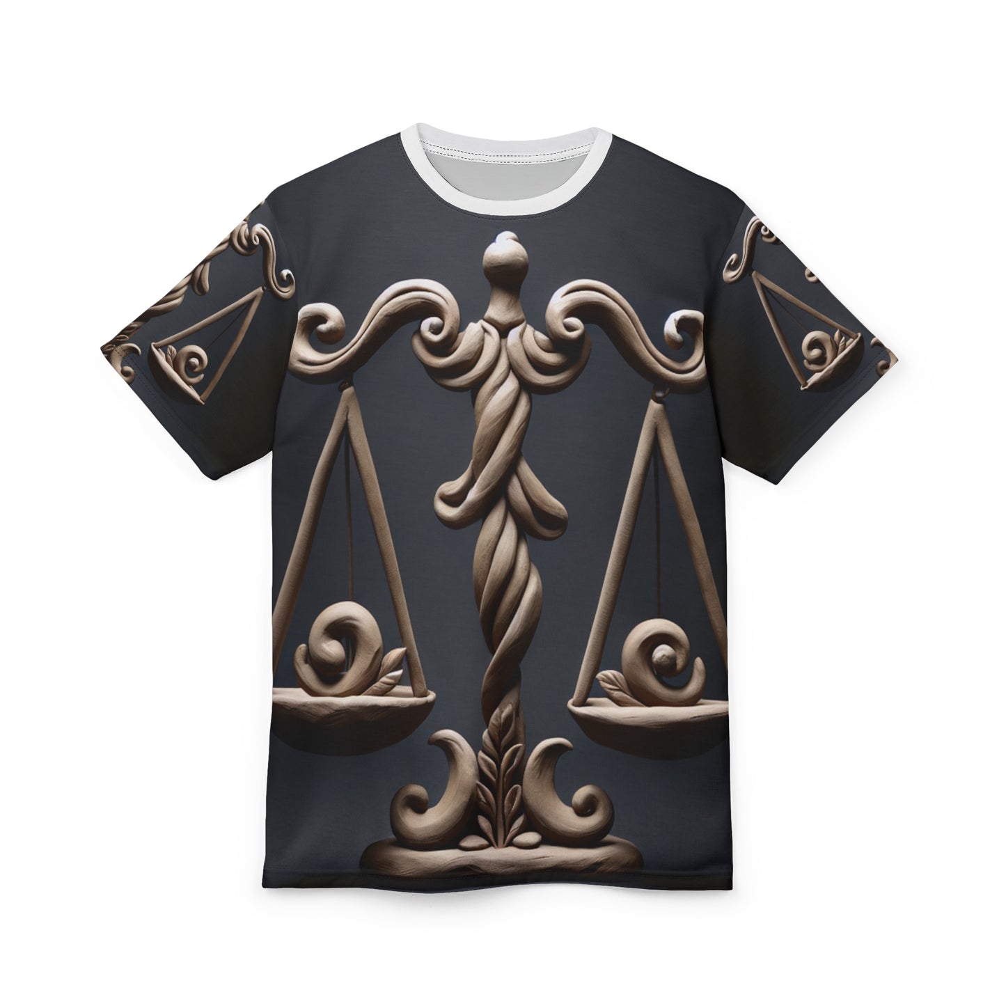 Unisex Cut & Sew T-Shirt (AOP), Bronze Scale, Libra Zodiac Design, Regular fit, 100% Polyester