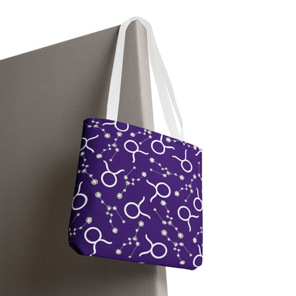 Tote Bag, Taurus Zodiac Sign, AOP, (Purple, White)