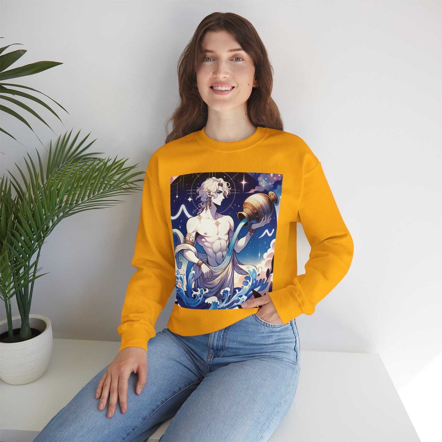 Unisex Heavy Blend™ Crewneck Sweatshirt, Anime Aqua God, Aquarius Zodiac Design