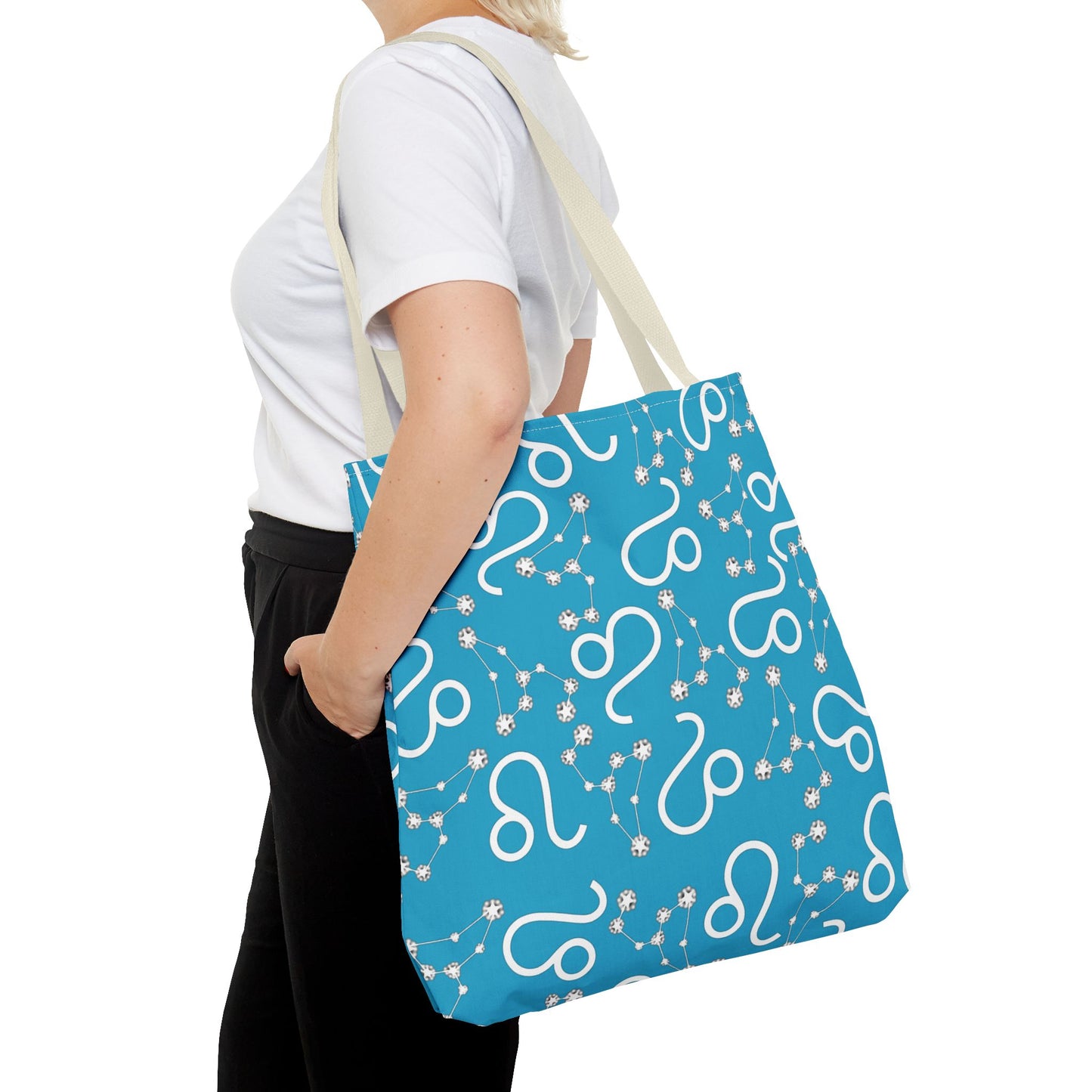 Tote Bag, Leo Zodiac Sign, AOP, (Turquoise, White)