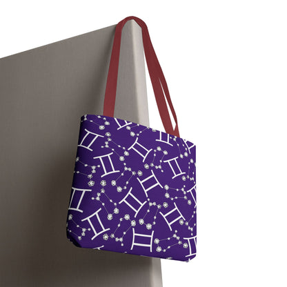 Tote Bag, Gemini Zodiac Sign, AOP, (Purple, White Print)
