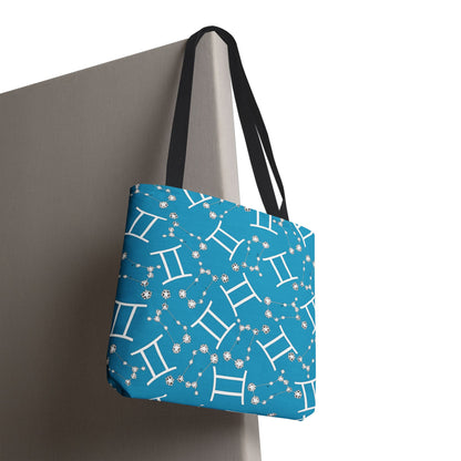 Tote Bag, Gemini Zodiac Sign, AOP, (Turquoise, White Print)