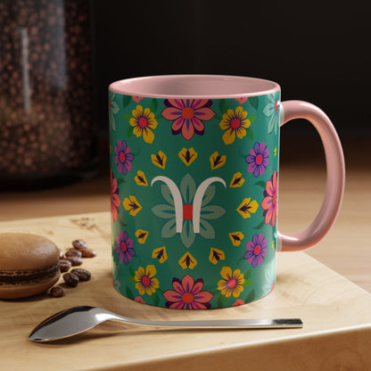 Accent Coffee Mug, Aquarius, Zodiac v3, Flower Pattern, (11, 15oz)