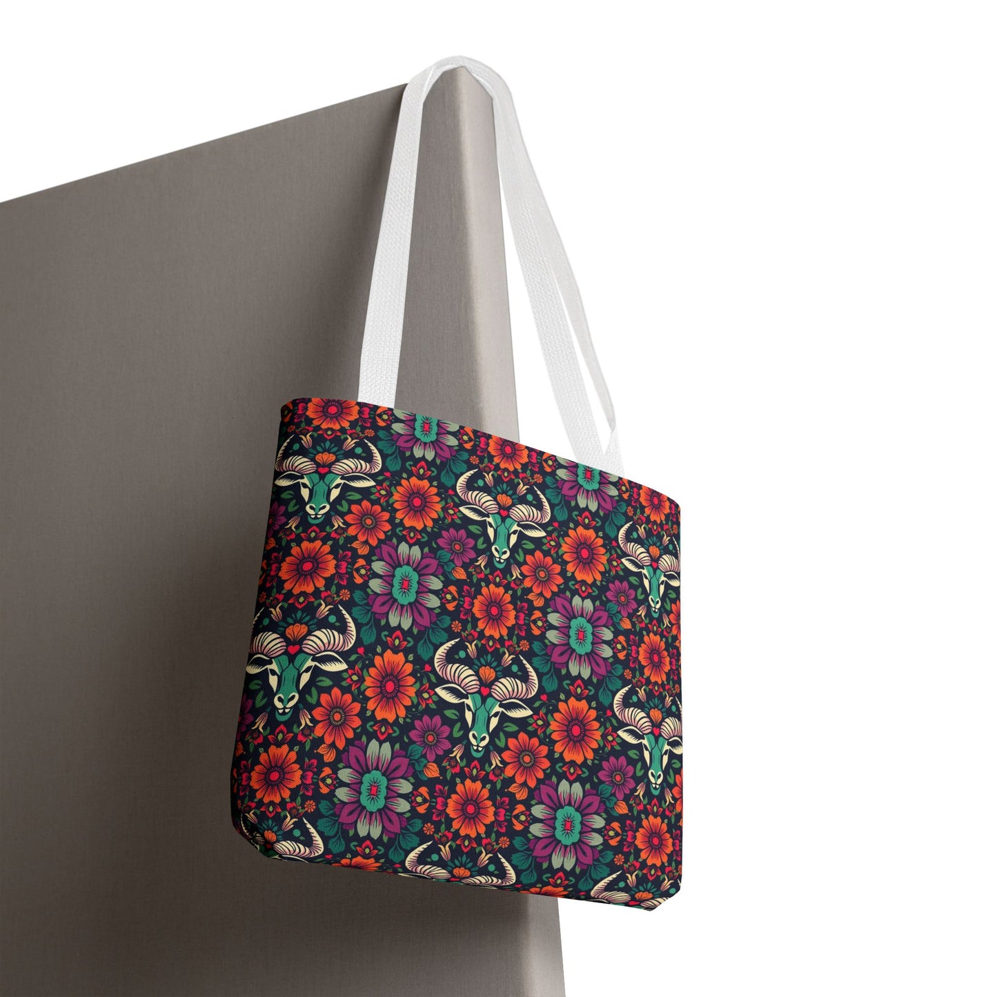 Tote Bag, (AOP), Taurus, Zodiac, Flower Pattern