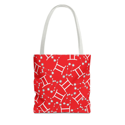 Tote Bag, Gemini Zodiac Sign, AOP, (Red, White Print)