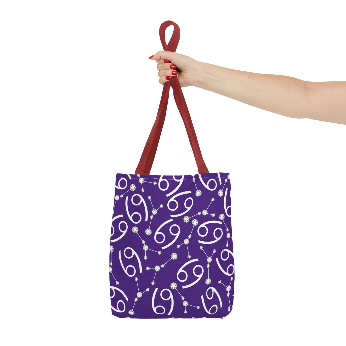 Tote Bag, Cancer Zodiac Sign, AOP, (Purple, White)