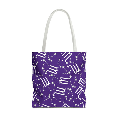 Tote Bag, Scorpio Zodiac Sign, AOP, (Purple, White)
