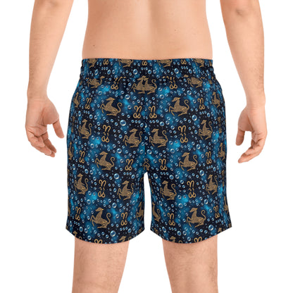 Men's Mid-Length Swim Shorts, (AOP), Capricorn, Zodiac v4, Bubble Pattern