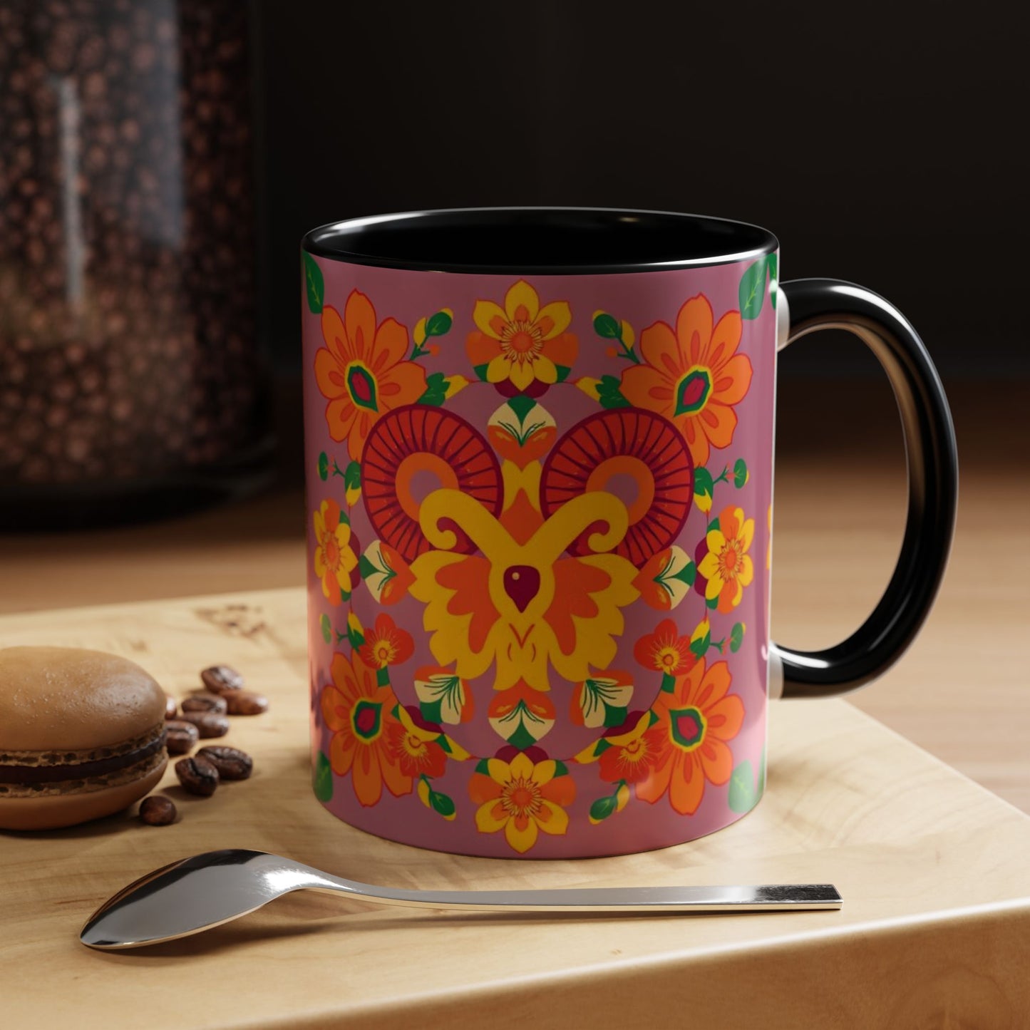 Accent Coffee Mug, Aries, Zodiac v1, Flower Pattern, (11, 15oz)