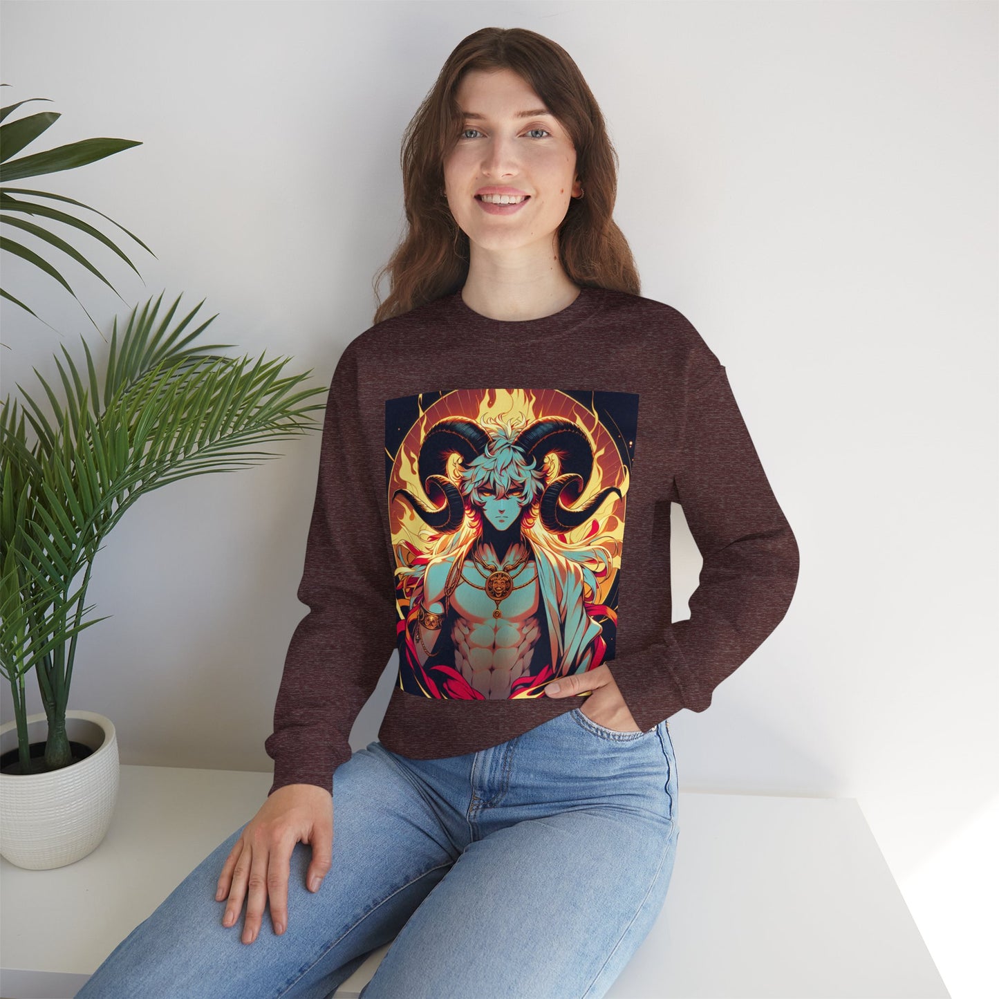 Unisex Heavy Blend™ Crewneck Sweatshirt, Anime Fire Aries, Zodiac Design