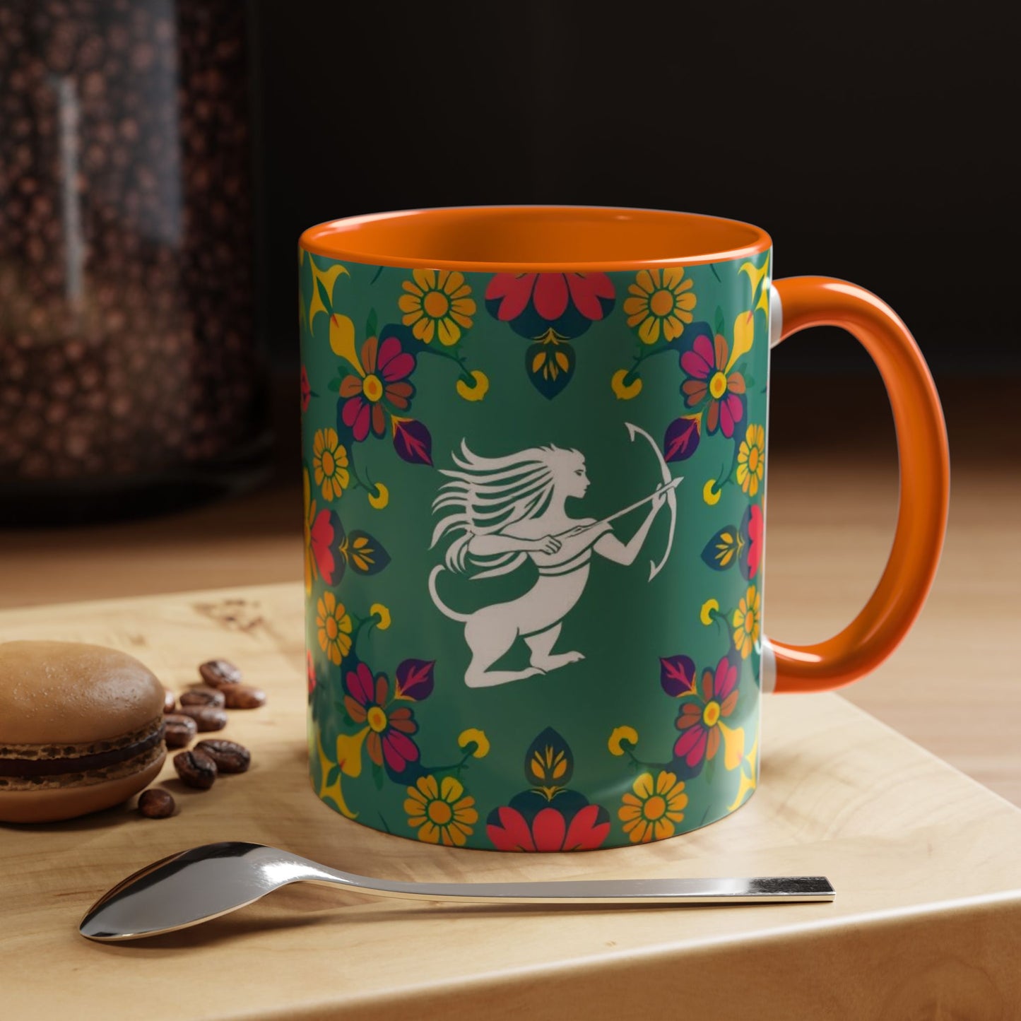 Accent Coffee Mug, Sagittarius, Zodiac. Flower Pattern, (11, 15oz)