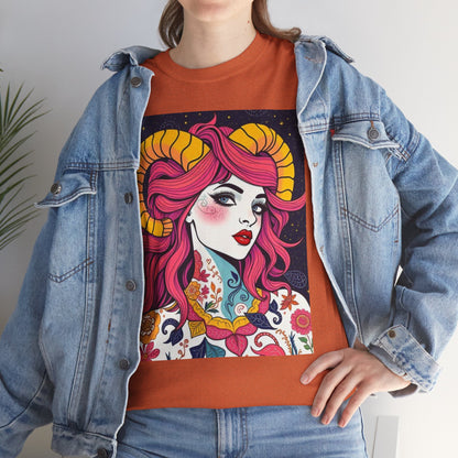 Unisex Heavy Cotton T-Shirt, Aries, Zodiac v2, Sexy Art