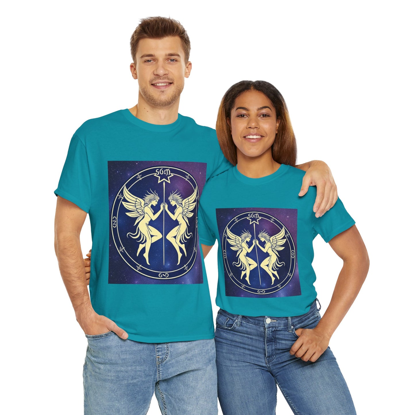 Unisex Heavy Cotton T-Shirt, Space Angel Twins, Gemini Zodiac Design