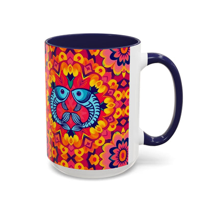 Accent Coffee Mug, Pisces, Zodiac v1, Flower Pattern, (11, 15oz)