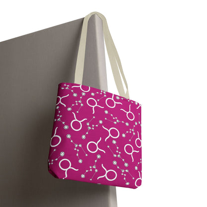 Tote Bag, Taurus Zodiac Sign, AOP, (Pink, White)
