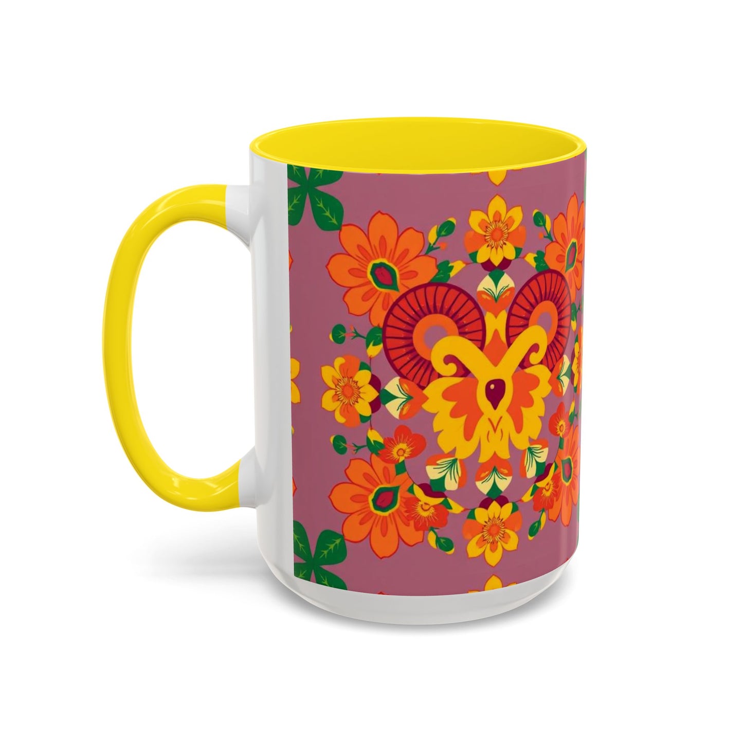 Accent Coffee Mug, Aries, Zodiac v1, Flower Pattern, (11, 15oz)